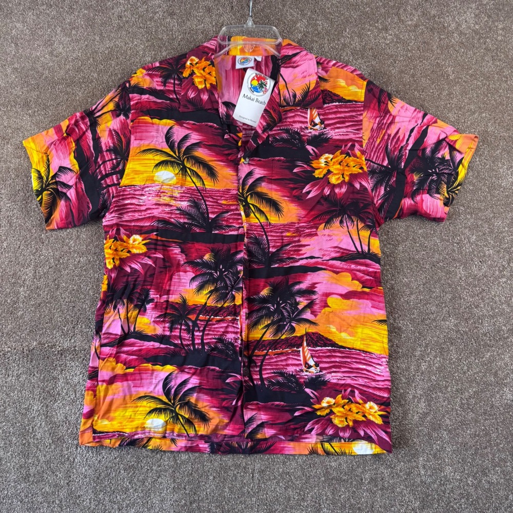 Makai Beach Mens L Hawaiian Shirt Pink Tropical Sunset Palm‎ Tree Rayon NWT